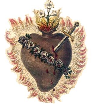 The Immaculate Heart is shown encircled by a crown of roses and pierced by a sword, aflame with love for God and mankind. This symbol springs from the vision of the Sacred Heart had by St. Catherine Labouré.
